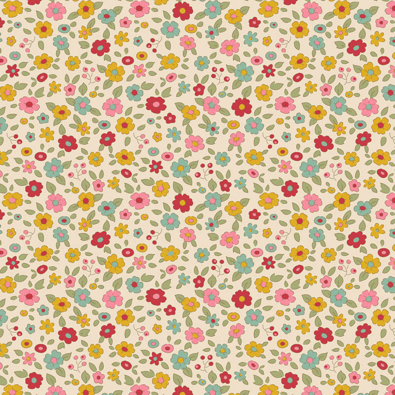 small florals of pink, yellow, teal, and red on beige background
