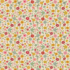 small florals of pink, yellow, teal, and red on beige background