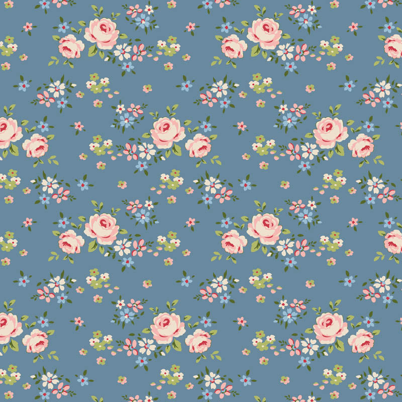 Floral pattern with pink roses and small flowers on a blue background