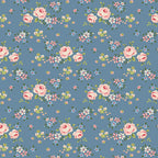 Floral pattern with pink roses and small flowers on a blue background