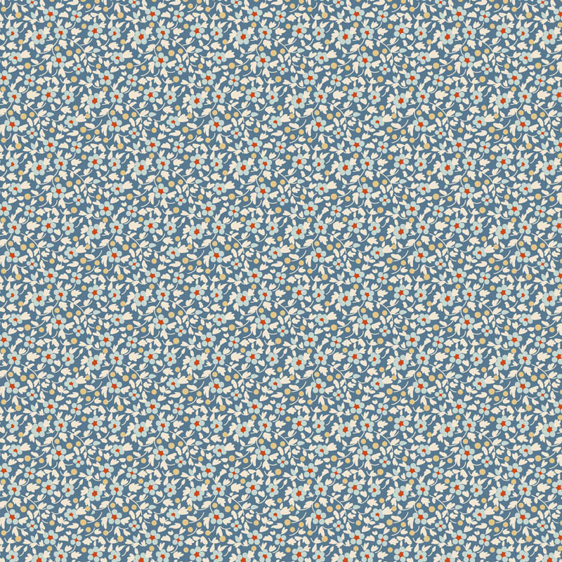 small blue floral pattern with hints of red and green