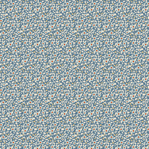 small blue floral pattern with hints of red and green