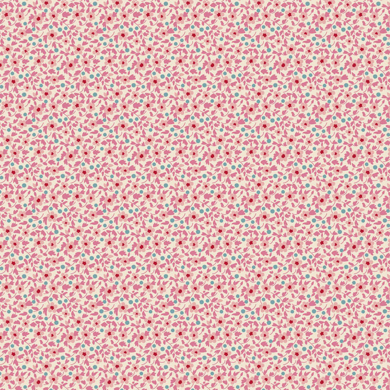 patterned fabric with small pink flowers and teal dots
