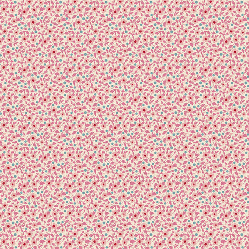 patterned fabric with small pink flowers and teal dots