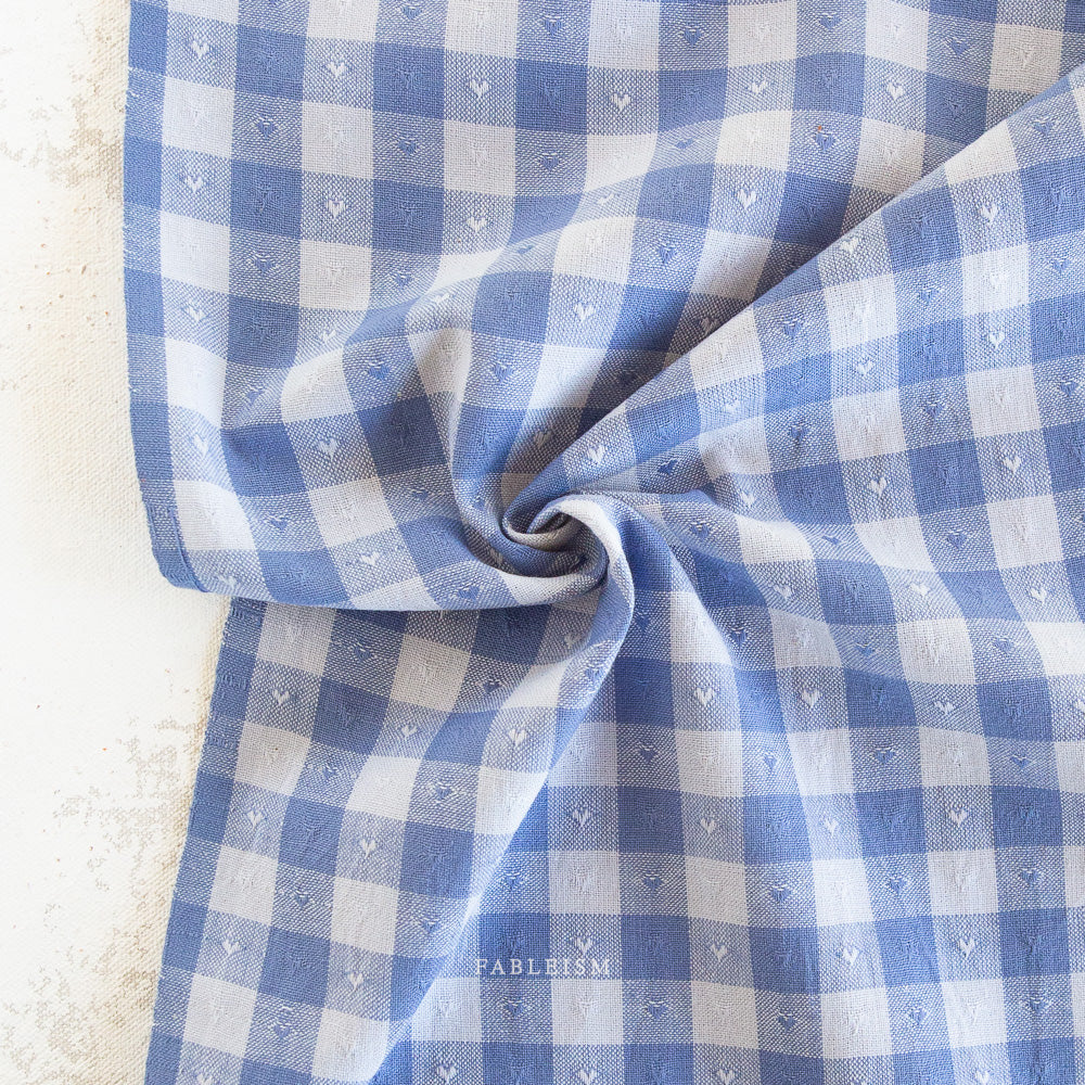 close up or blue and white gingham fabric with textured heart pattern